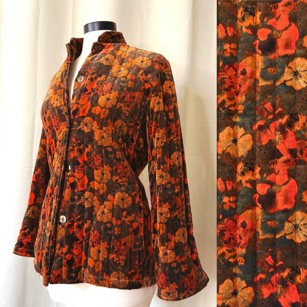 VTG 70s Made In California Velvet Floral Quilted Jacket / Coat Sweater